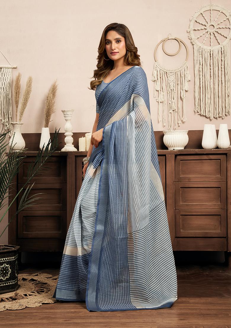 Multicolor Printed Linen Saree Set - Indya