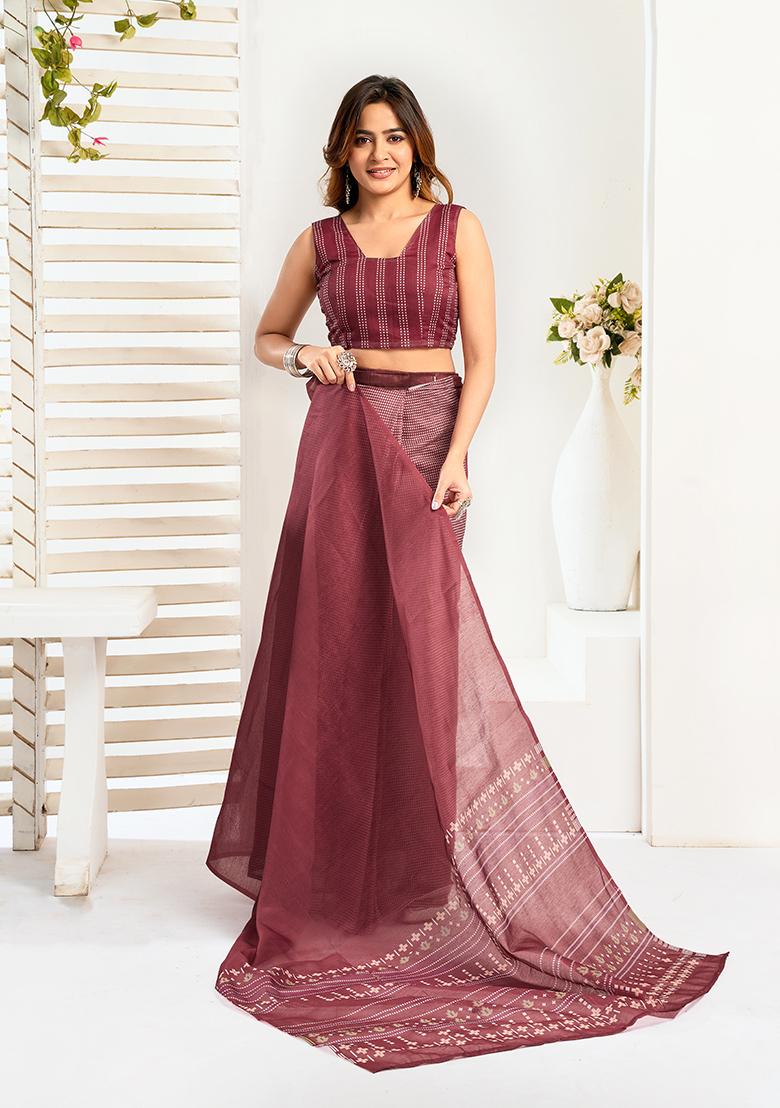 Multicolor Printed Linen Saree Set - Indya