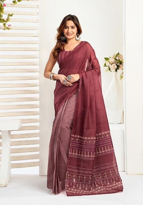 Multicolor Printed Linen Saree Set