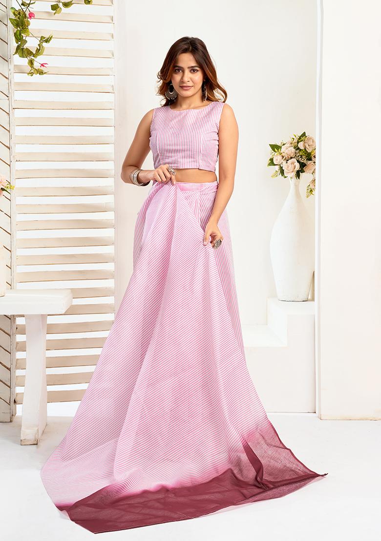 Multicolor Printed Linen Saree Set - Indya