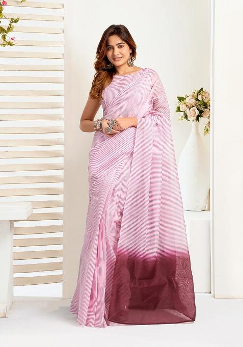 Multicolor Printed Linen Saree Set