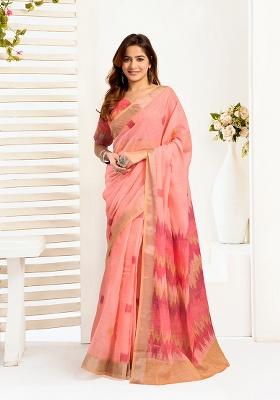 Multicolor Printed Linen Saree Set