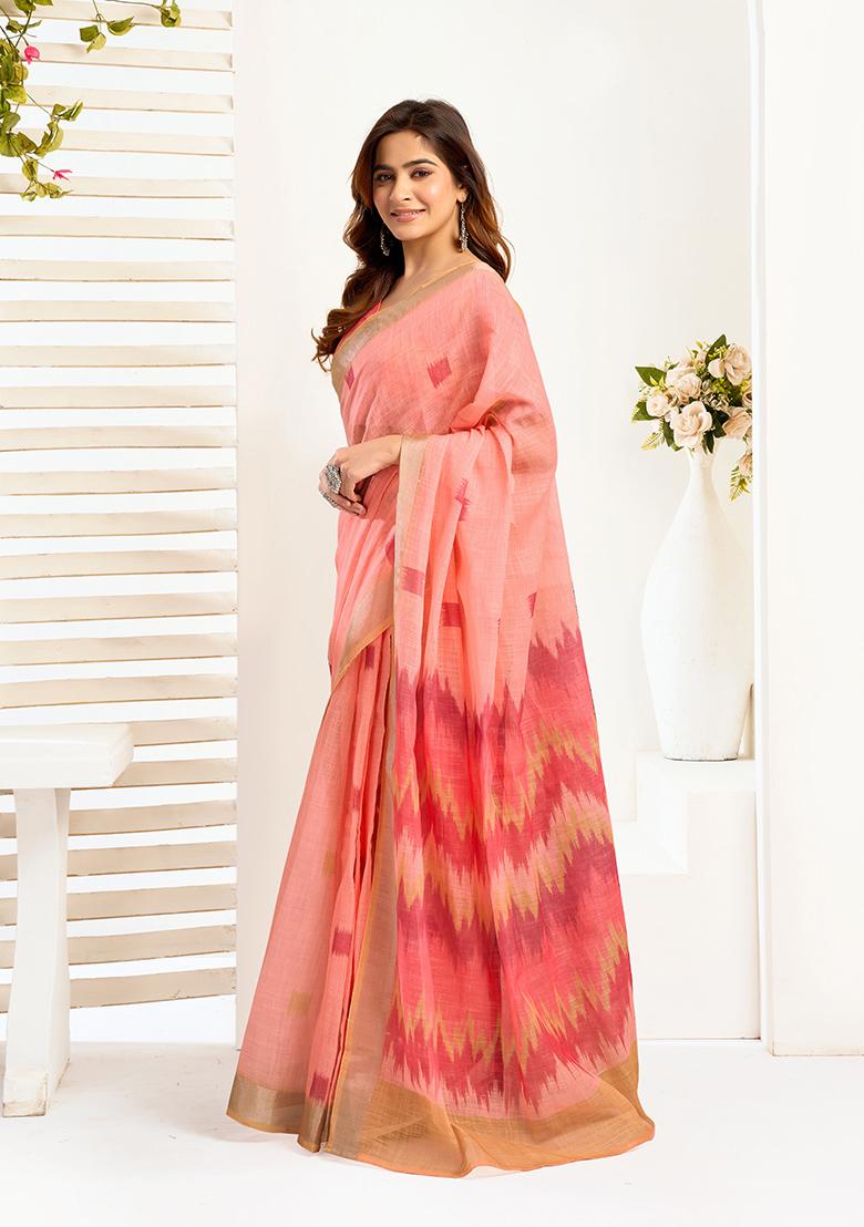 Multicolor Printed Linen Saree Set - Indya