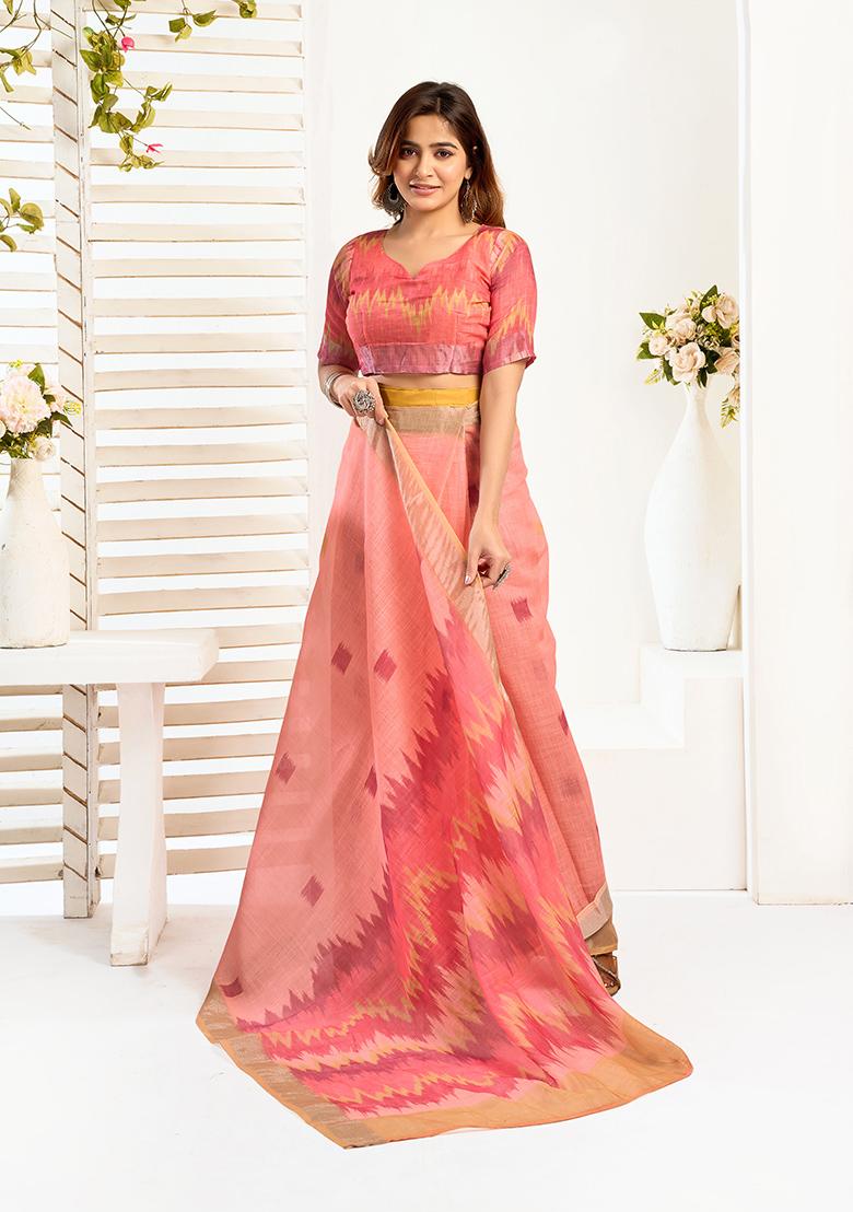 Multicolor Printed Linen Saree Set - Indya