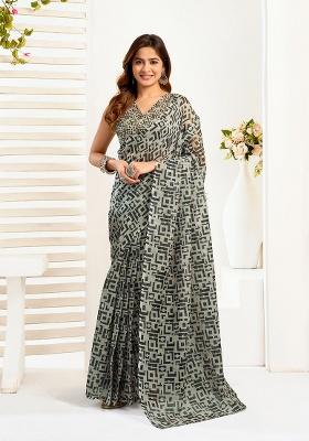 Multicolor Printed Linen Saree Set