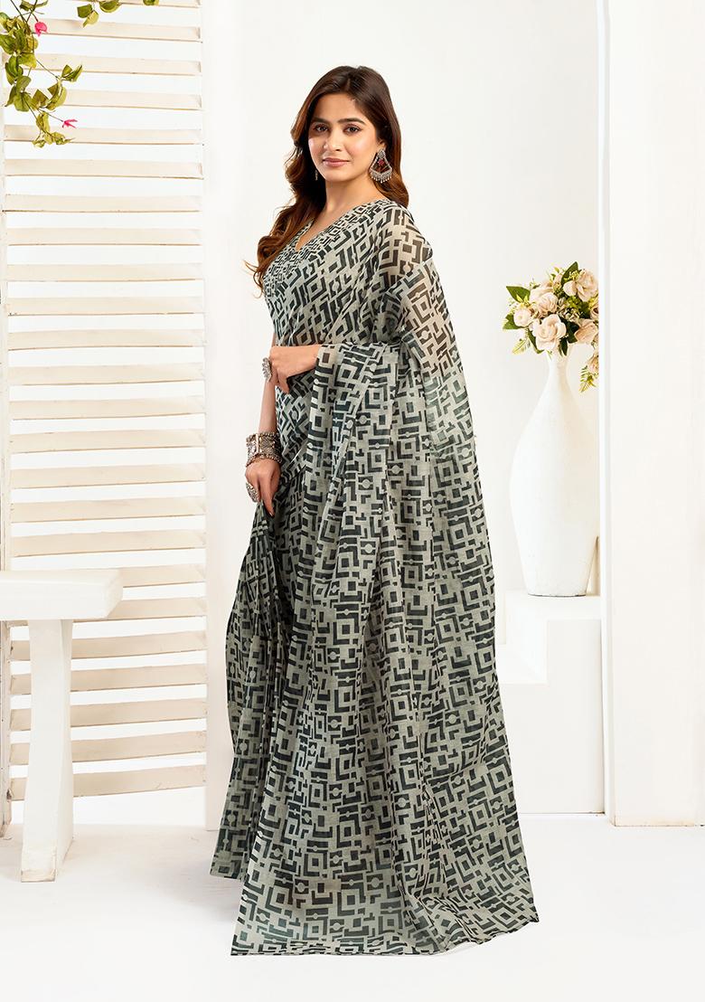 Multicolor Printed Linen Saree Set - Indya