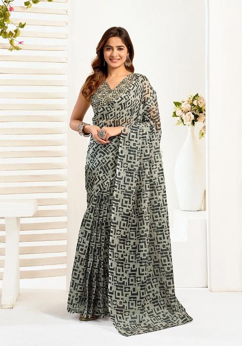 Multicolor Printed Linen Saree Set
