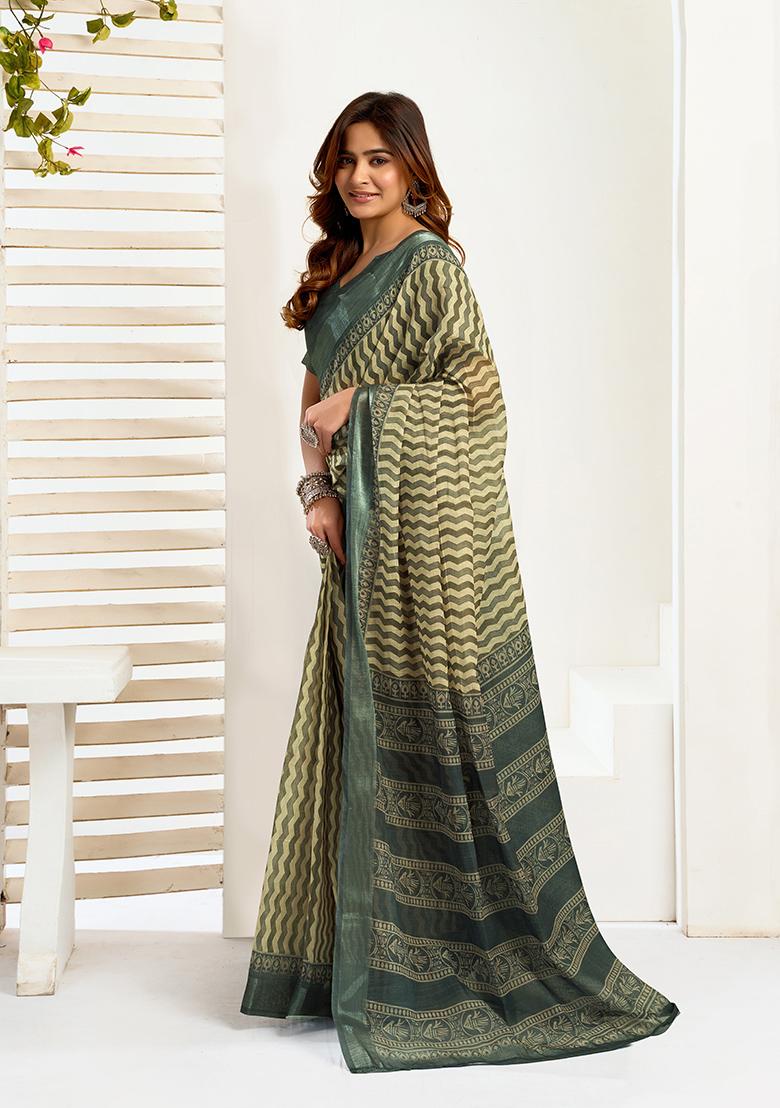 Multicolor Printed Linen Saree Set - Indya