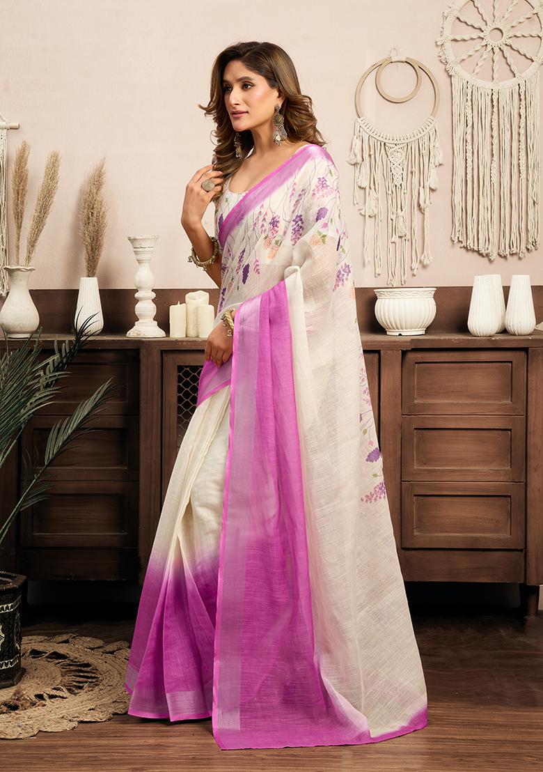 Multicolor Printed Linen Saree Set - Indya