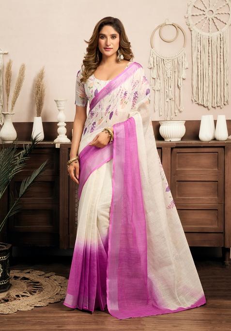 Multicolor Printed Linen Saree Set