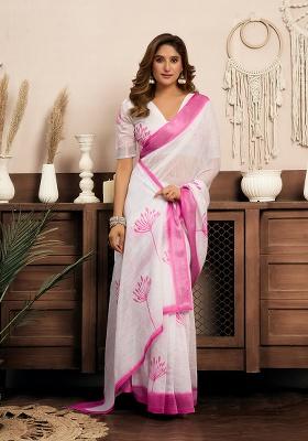 White Printed Linen Saree Set