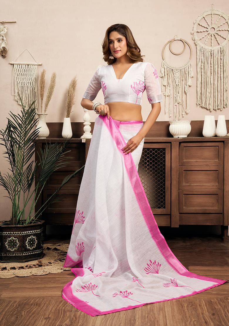 White Printed Linen Saree Set - Indya