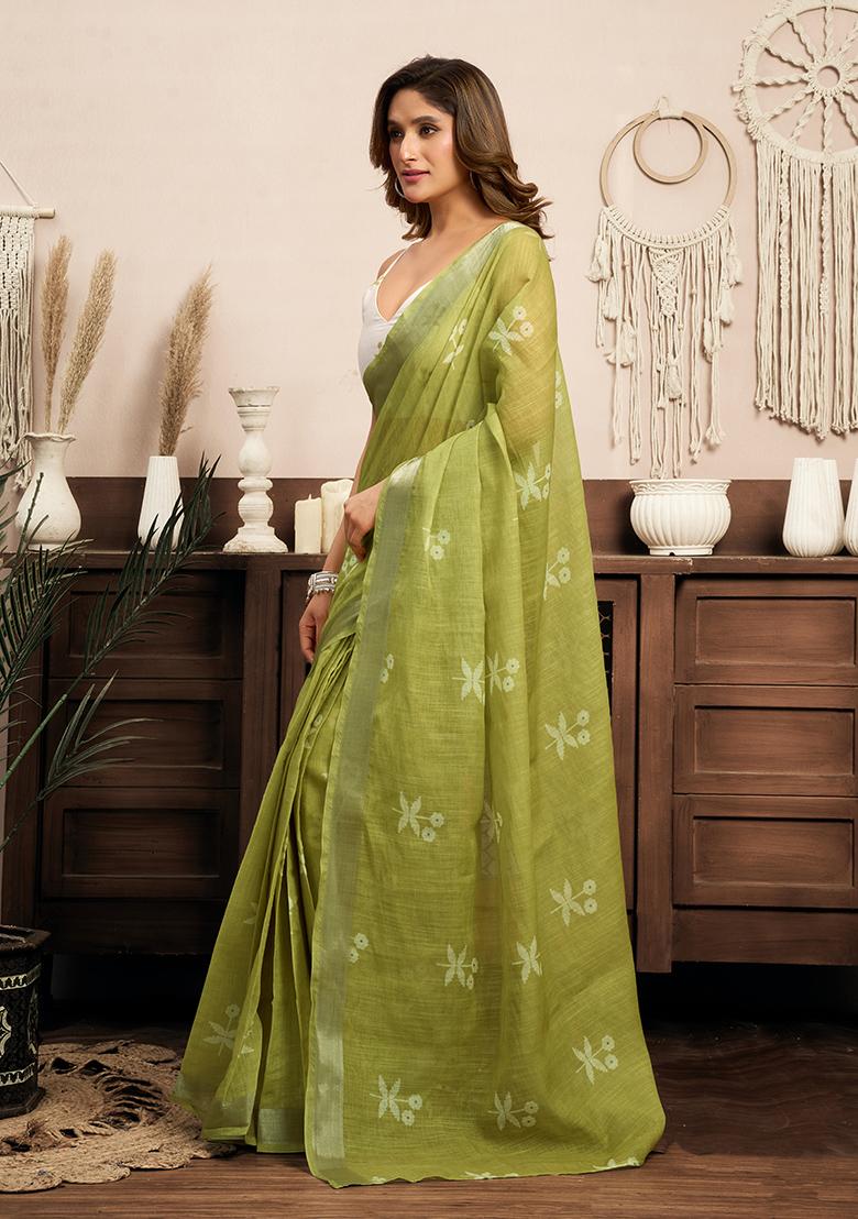 Pista Printed Linen Saree Set - Indya