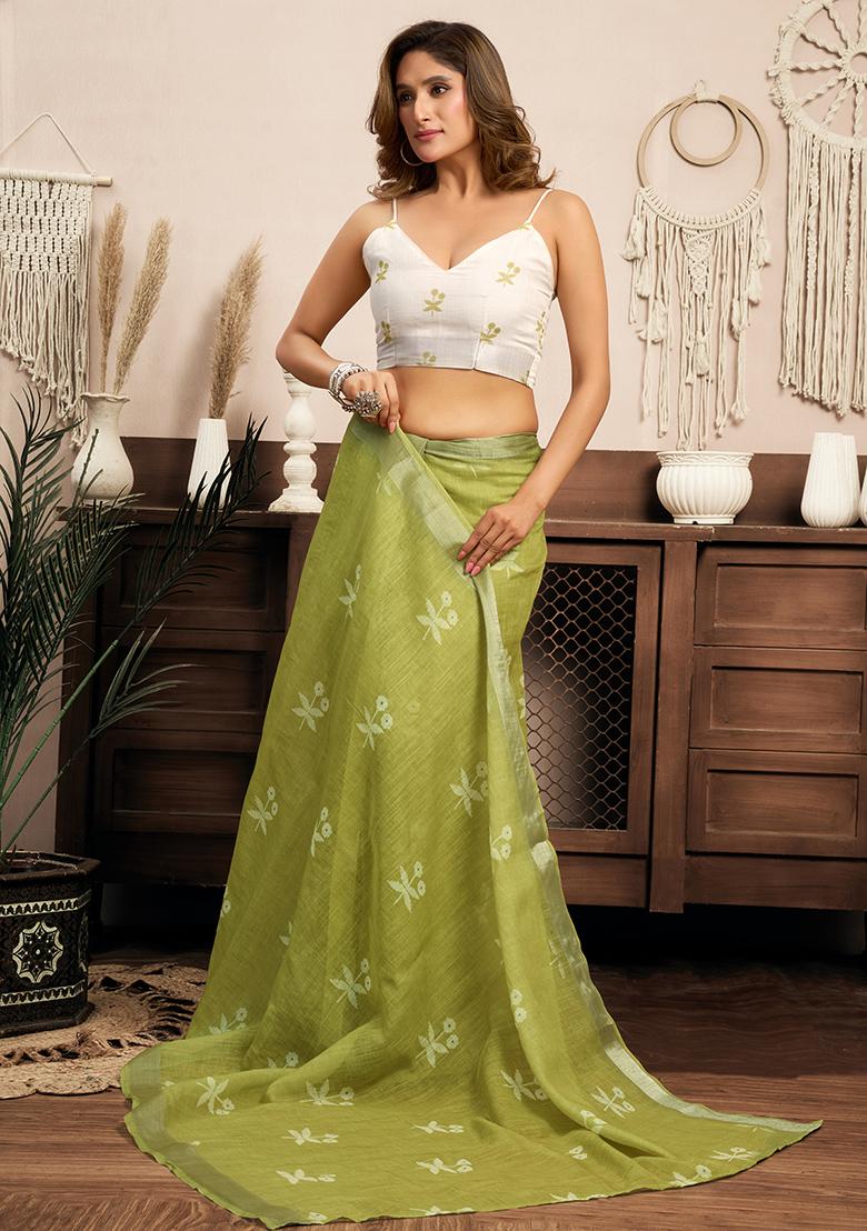 Pista Printed Linen Saree Set - Indya