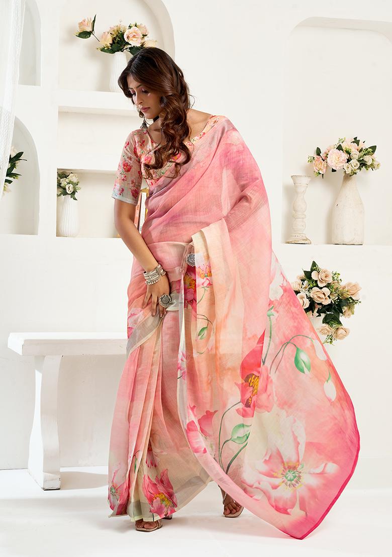 Multicolor Printed Linen Saree Set - Indya