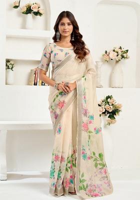 Cream Printed Linen Saree Set