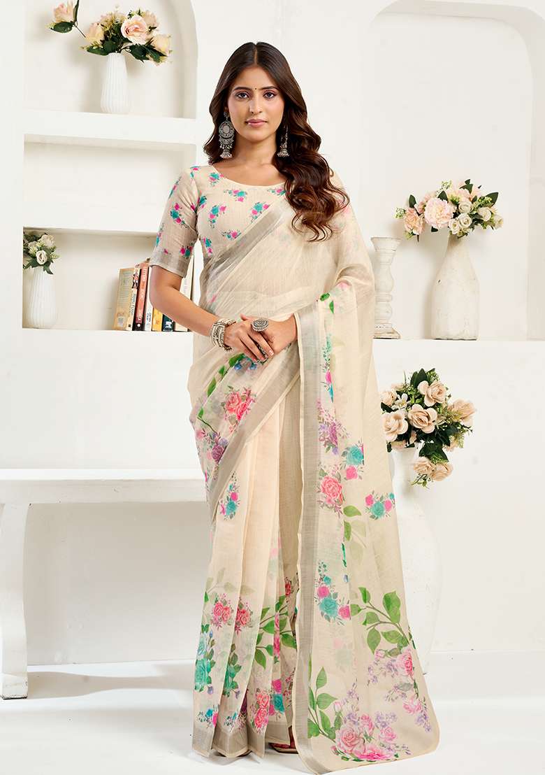 Cream Printed Linen Saree Set - Indya