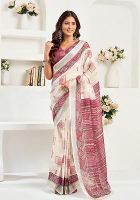Multicolor Printed Linen Saree Set