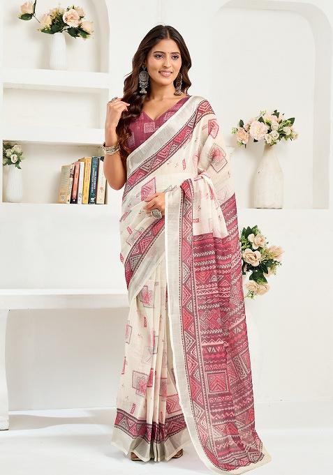 Multicolor Printed Linen Saree Set