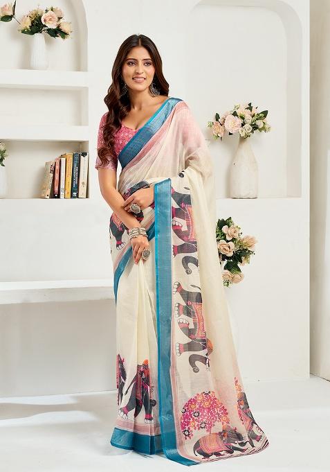 Cream Printed Linen Saree Set