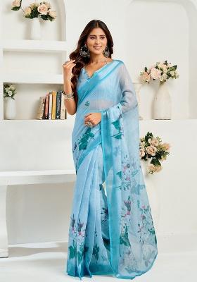 Sky Blue Printed Linen Saree Set