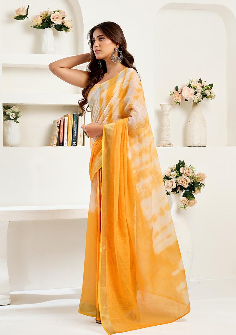 Yellow Printed Linen Saree Set - Indya