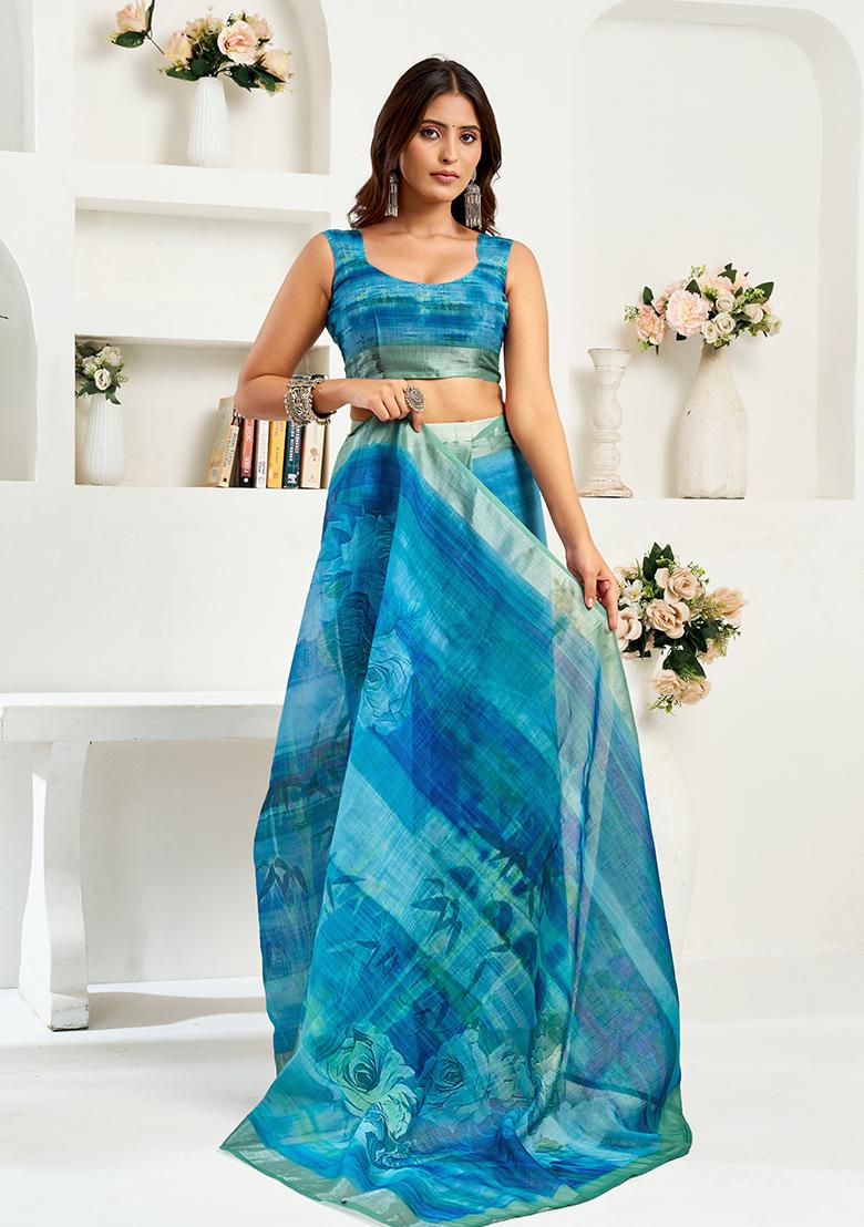 Multicolor Printed Linen Saree Set - Indya