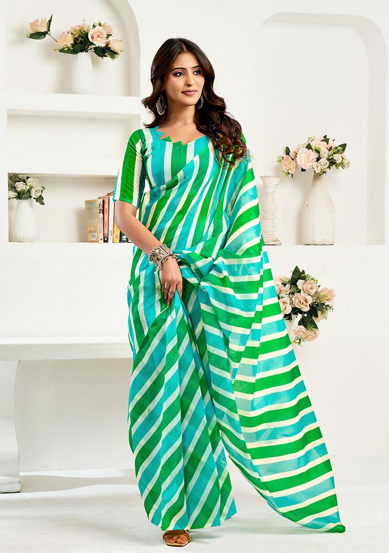 Multicolor Printed Linen Saree Set - Indya