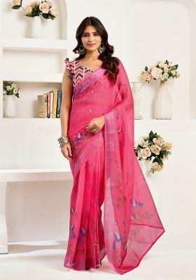 Pink Printed Linen Saree Set