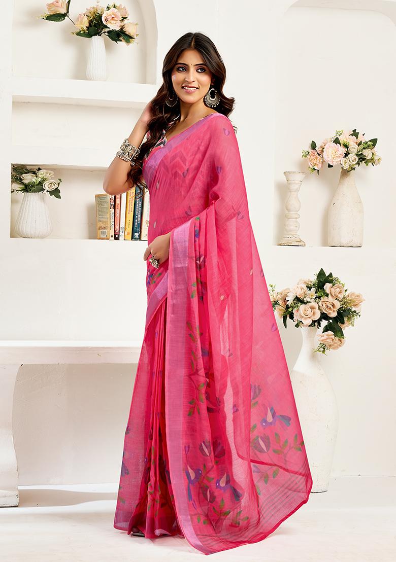Pink Printed Linen Saree Set - Indya