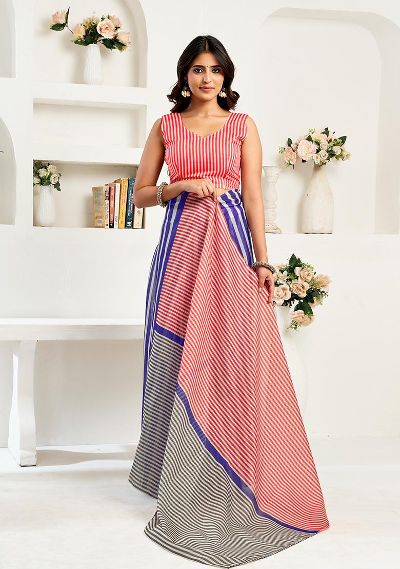 Multicolor Printed Linen Saree Set - Indya