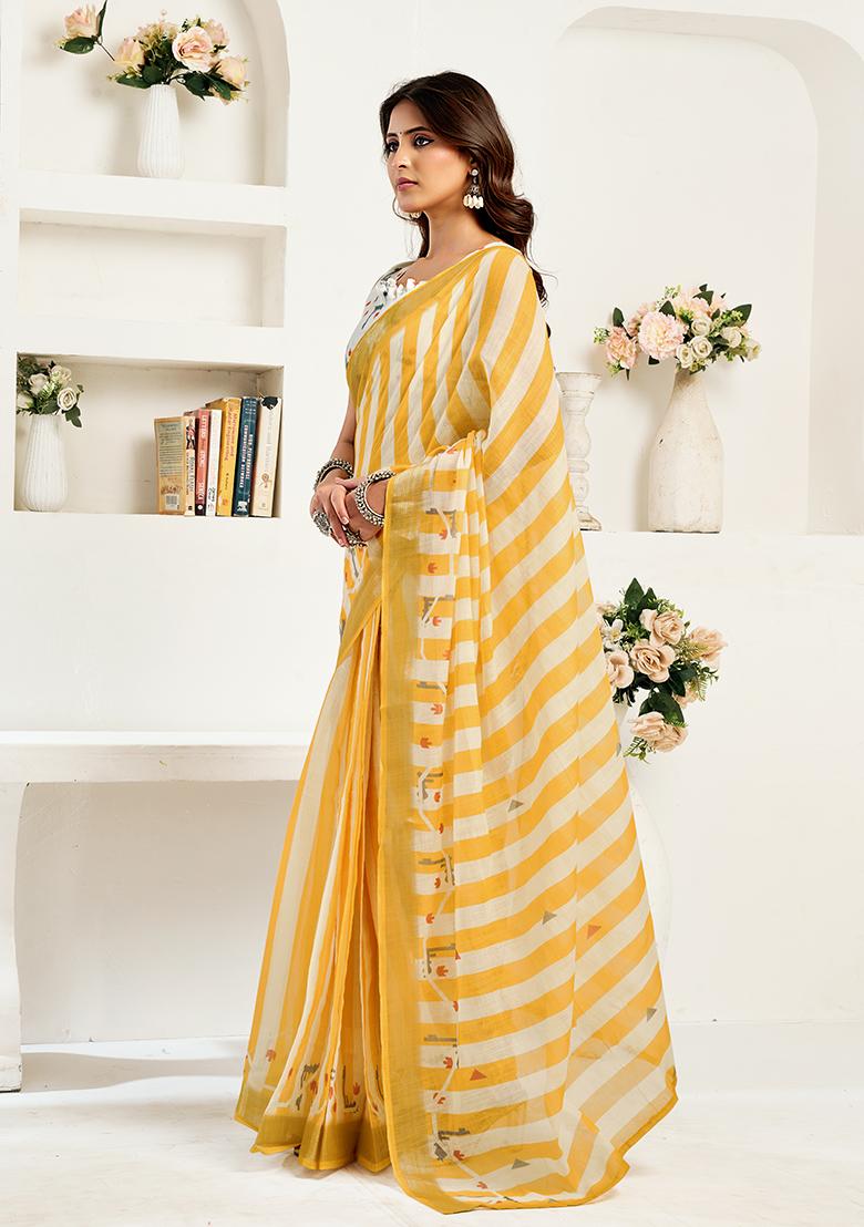Multicolor Printed Linen Saree Set - Indya