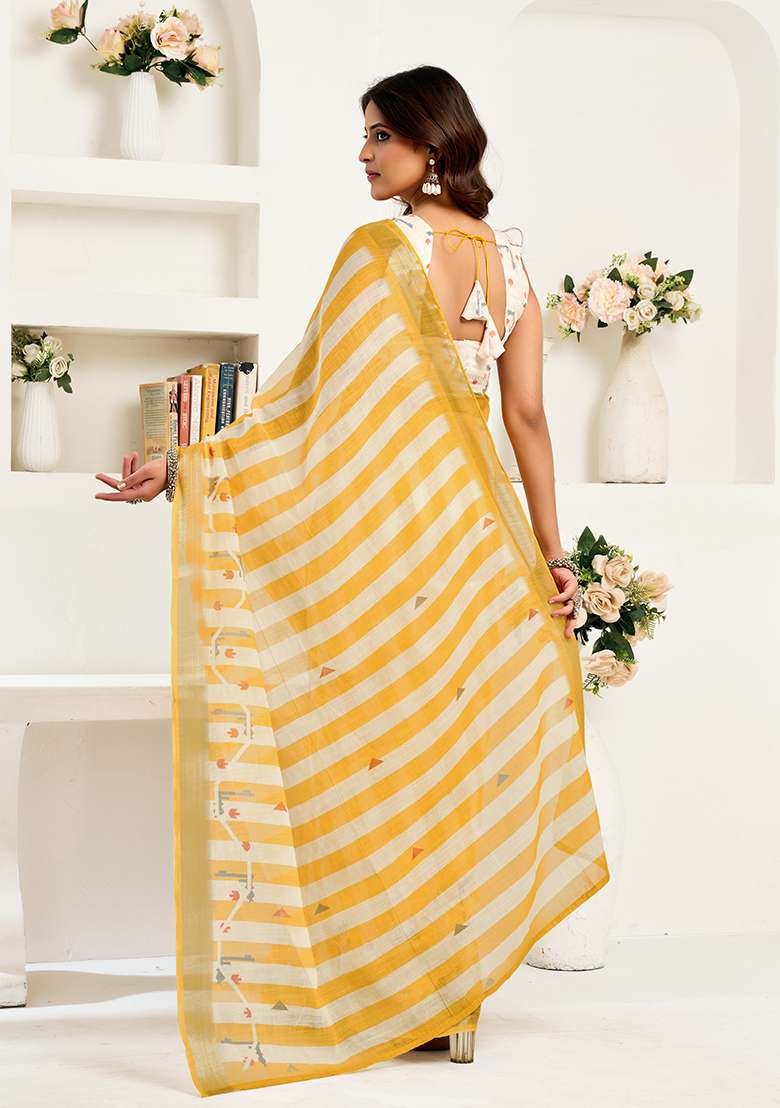 Multicolor Printed Linen Saree Set - Indya