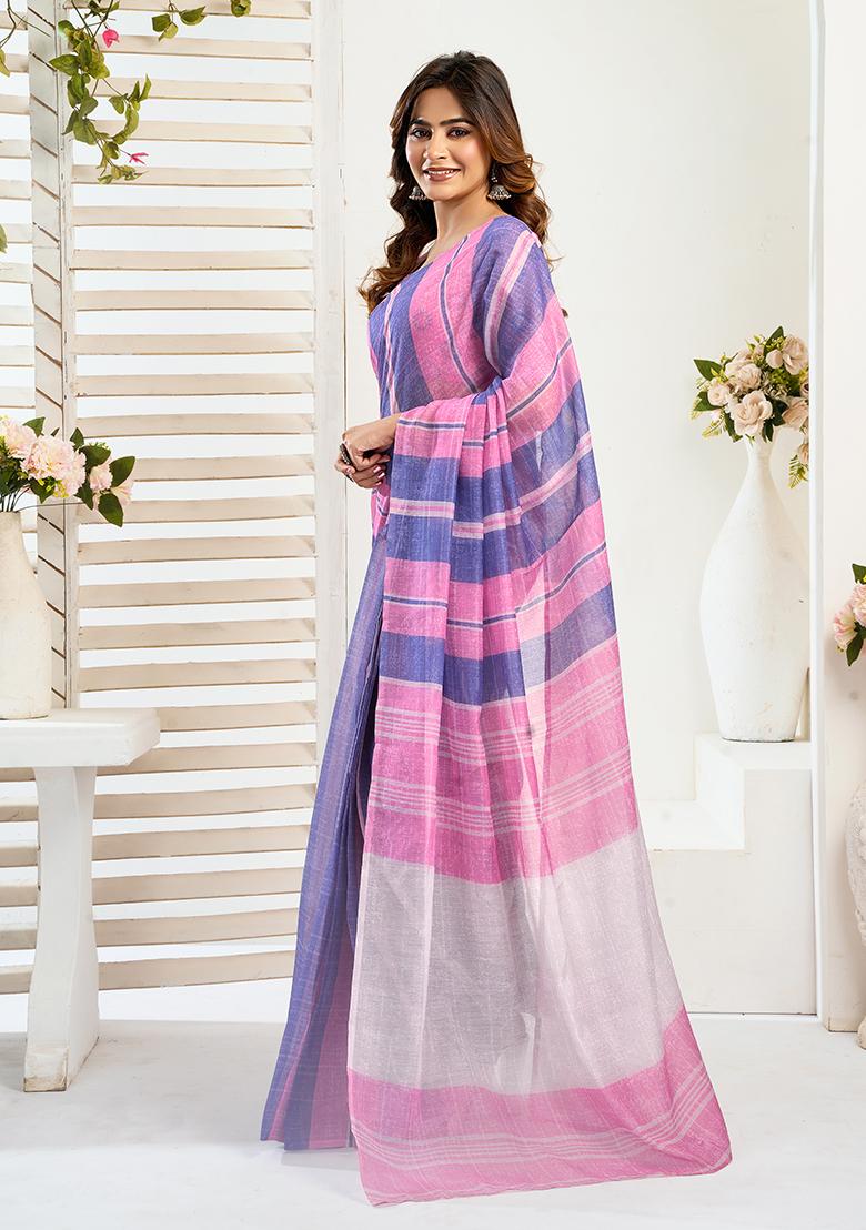 Multicolor Printed Linen Saree Set - Indya