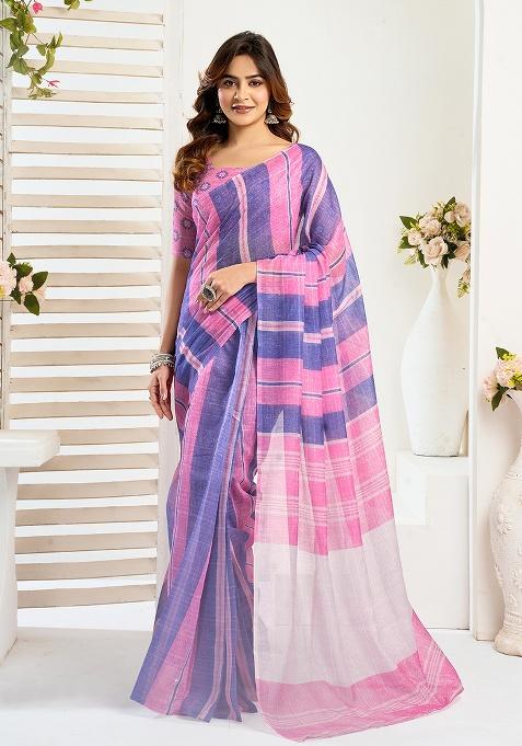 Multicolor Printed Linen Saree Set