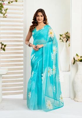 Sky Blue Printed Linen Saree Set