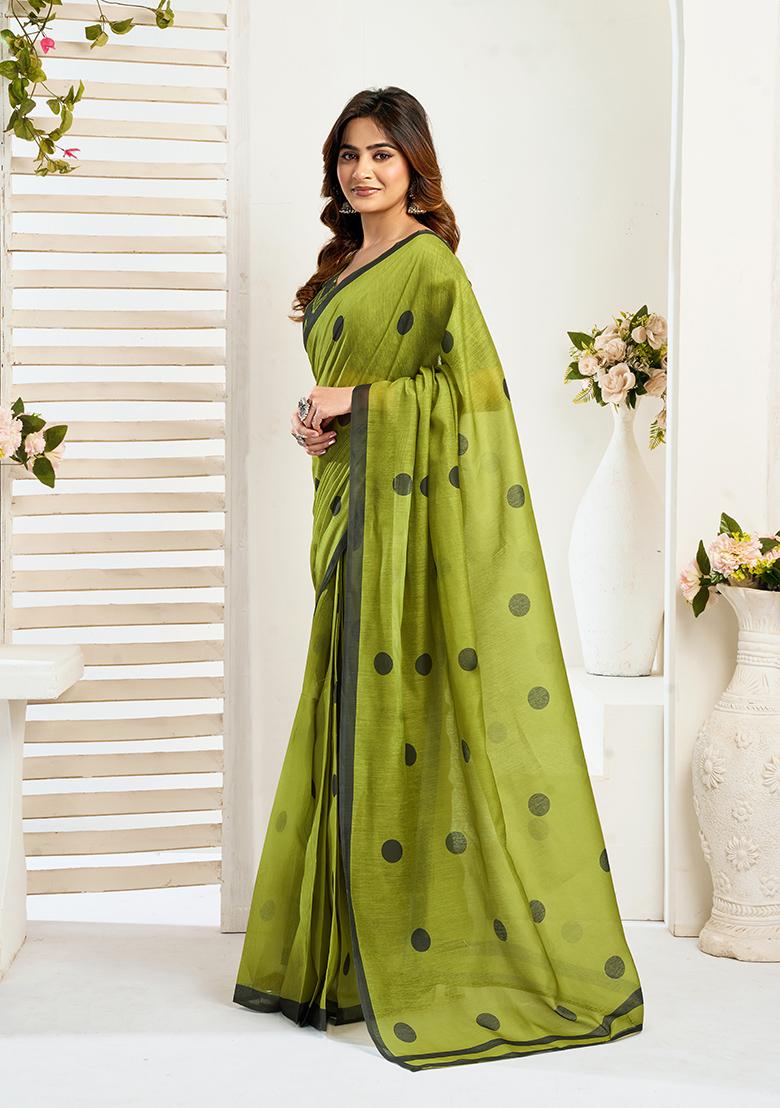 Mehendi Printed Linen Saree Set - Indya