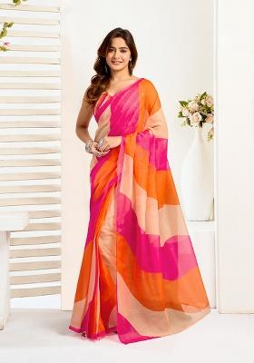 Multicolor Printed Linen Saree Set