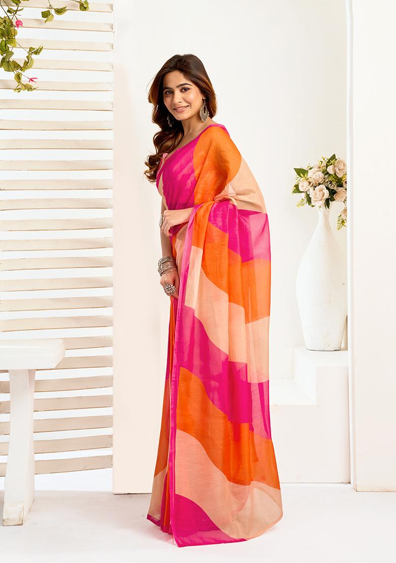 Multicolor Printed Linen Saree Set - Indya