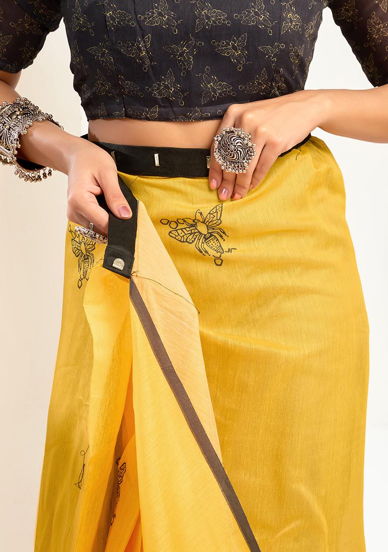 Yellow Printed Linen Saree Set - Indya