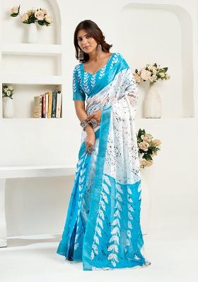 Sky Blue Printed Linen Saree Set