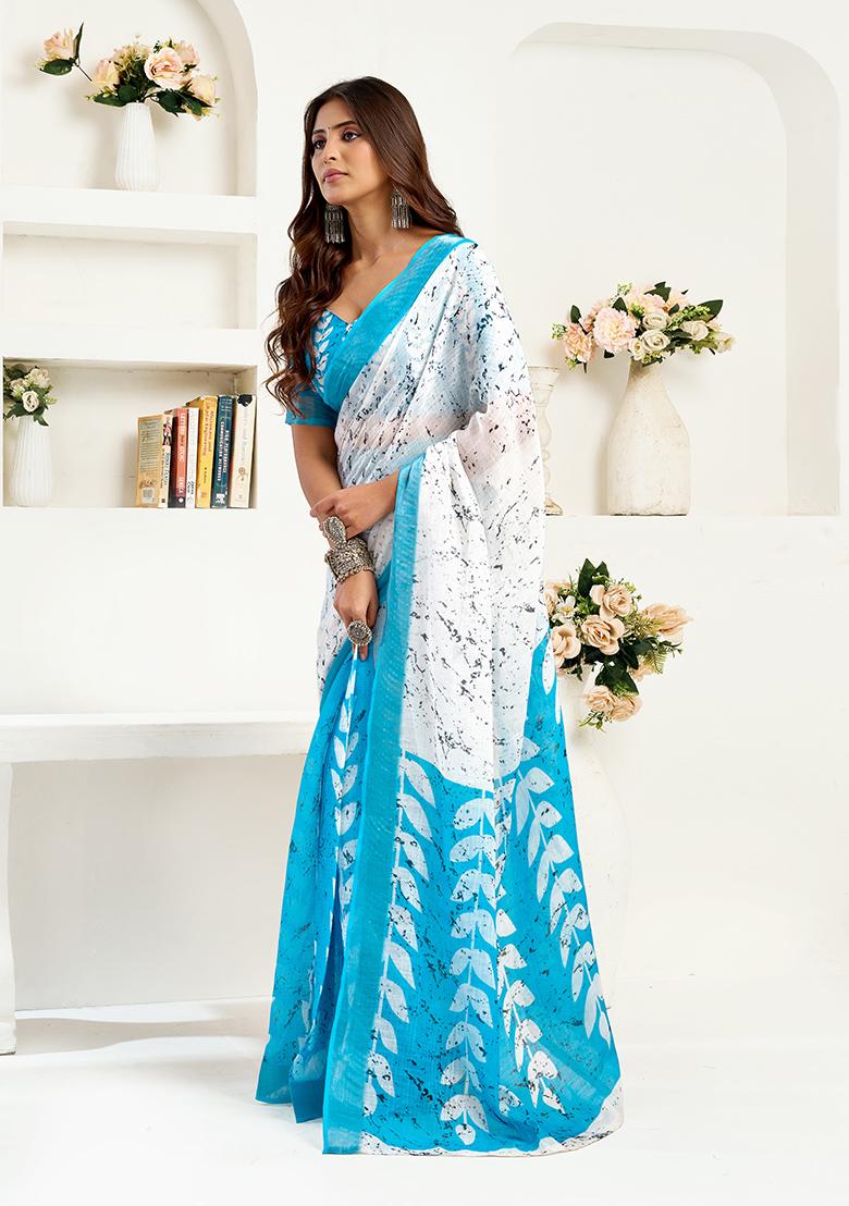 Sky Blue Printed Linen Saree Set - Indya