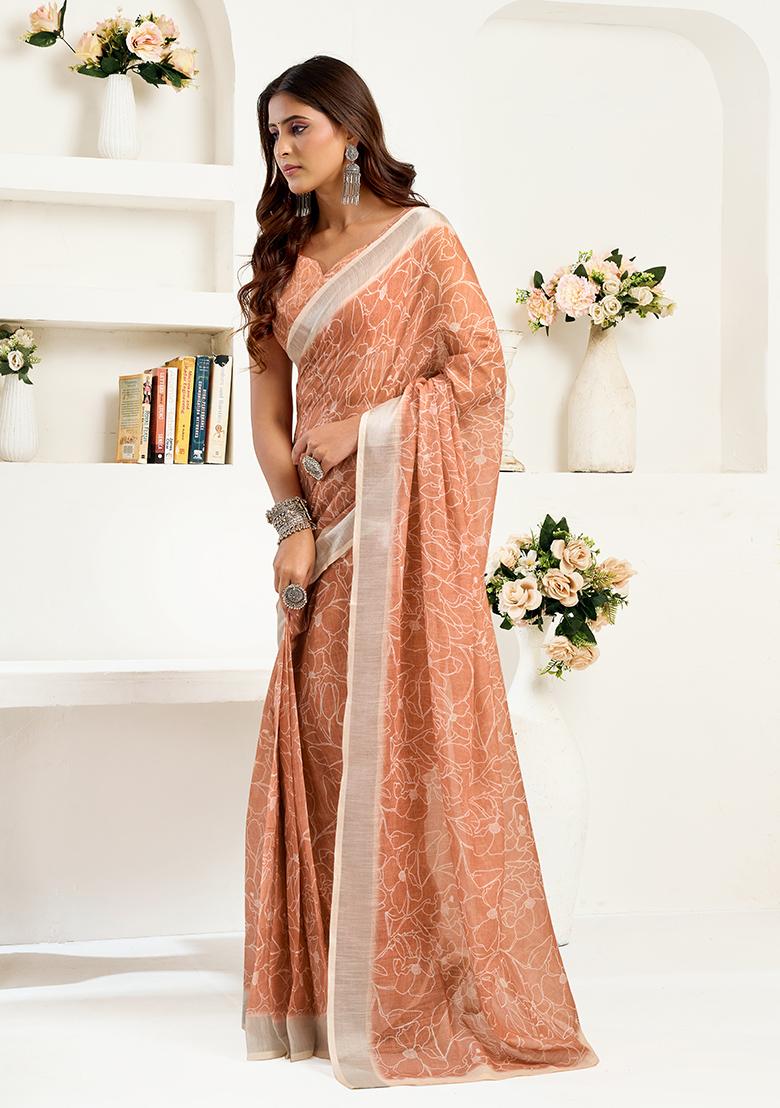 Dusty Rose Printed Linen Saree Set - Indya