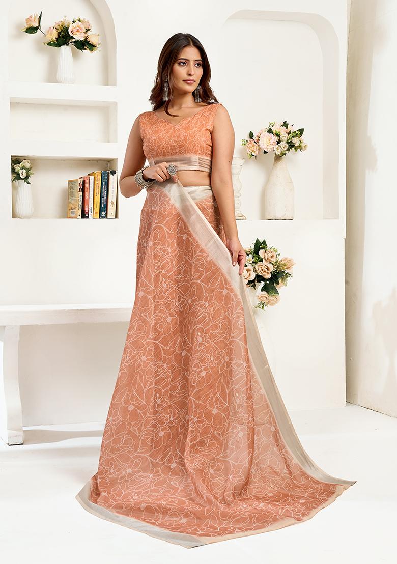 Dusty Rose Printed Linen Saree Set - Indya