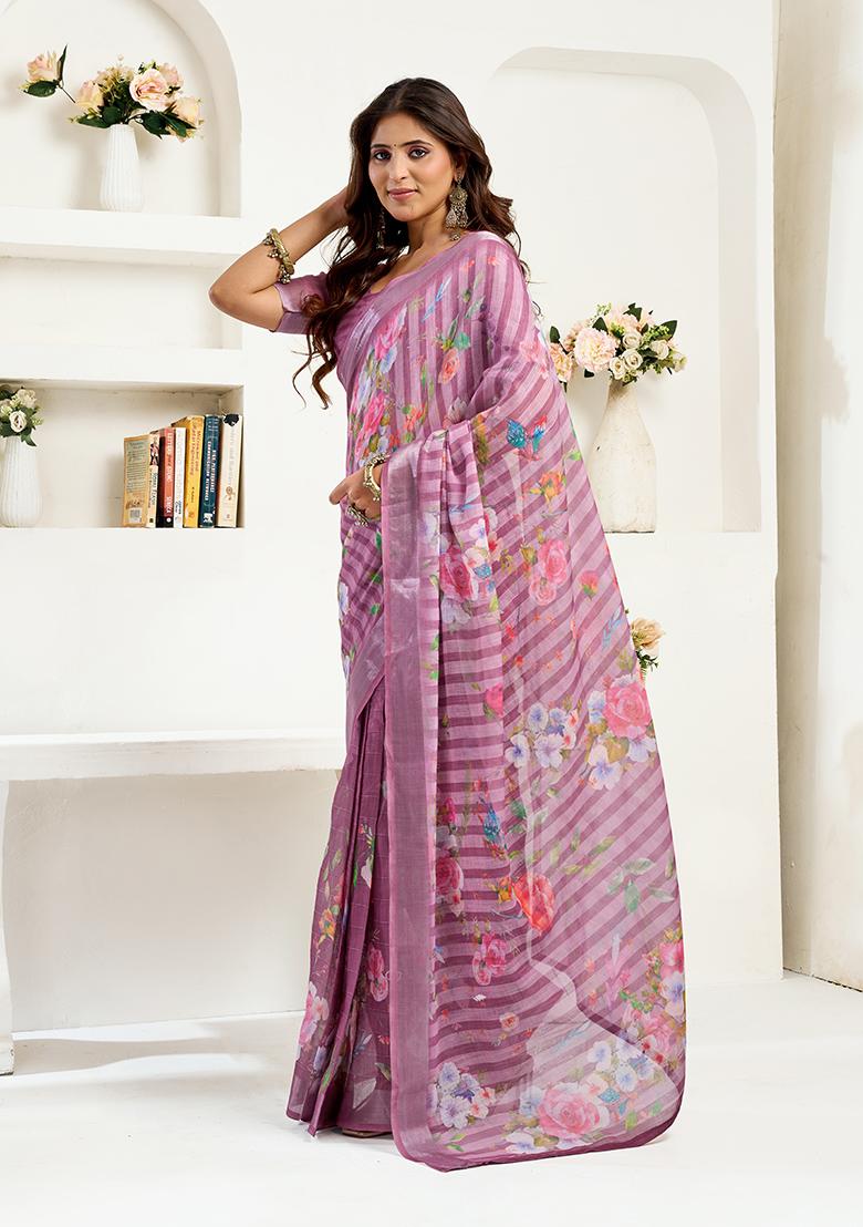 Lavender Printed Linen Saree Set - Indya