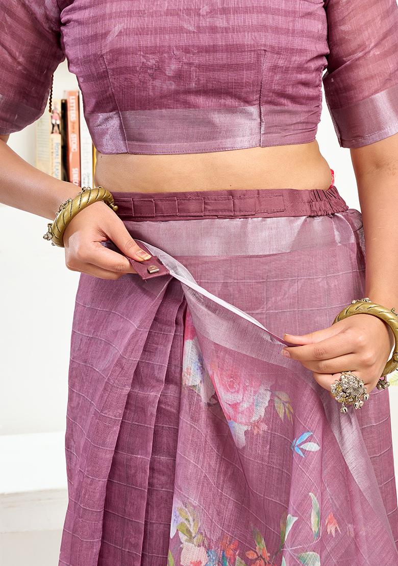 Lavender Printed Linen Saree Set - Indya