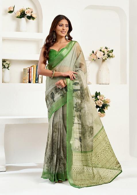 Green Printed Linen Saree Set