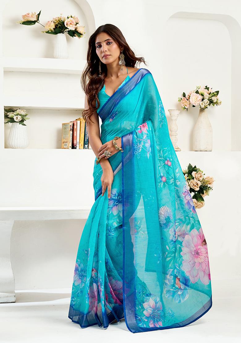 Sky Blue Printed Linen Saree Set - Indya