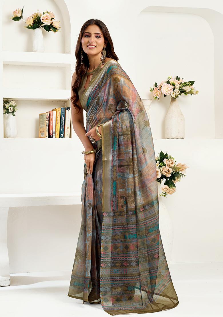 Multicolor Printed Linen Saree Set - Indya