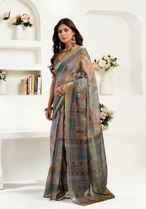 Multicolor Printed Linen Saree Set